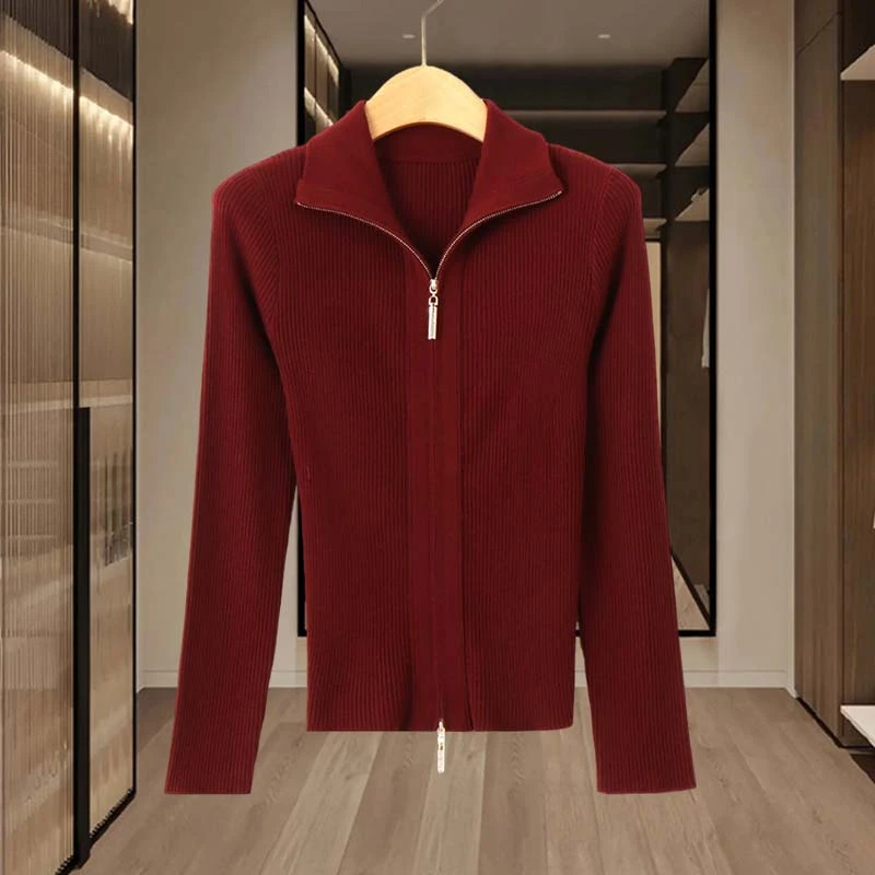 韩版设计感双拉链针织衫女款2025春秋季新款修身打底毛衣开衫上衣