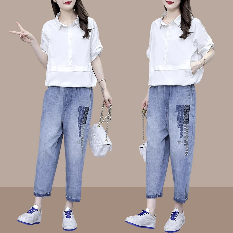 洋气减龄衬衫牛仔裤两件套女爆款夏季潮流休闲百搭套装藏肉显瘦