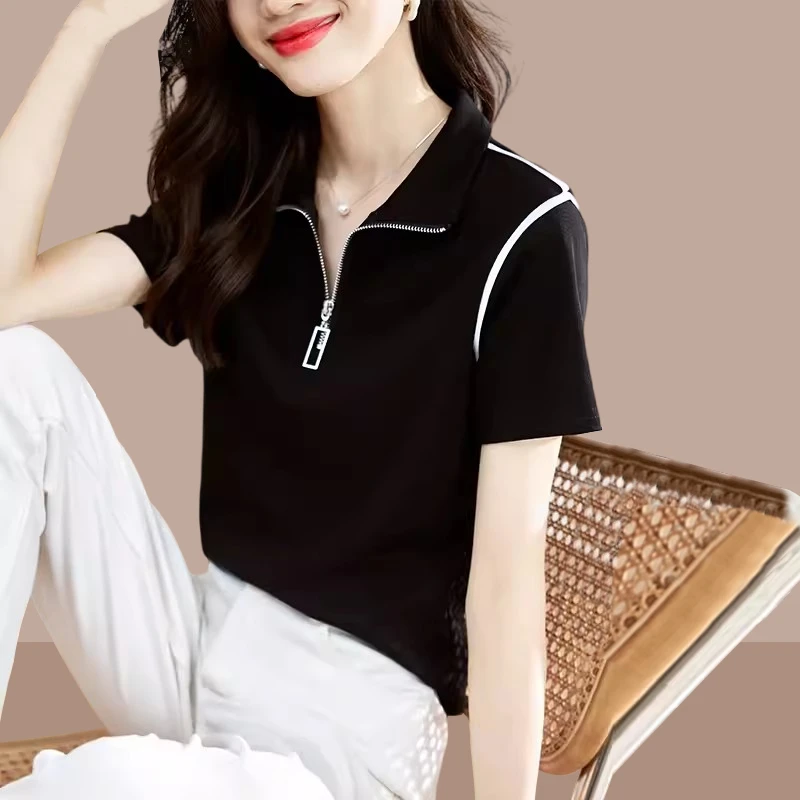 半拉链立领短袖t恤女2025新款爆款夏季流行短款小心机设计感上衣