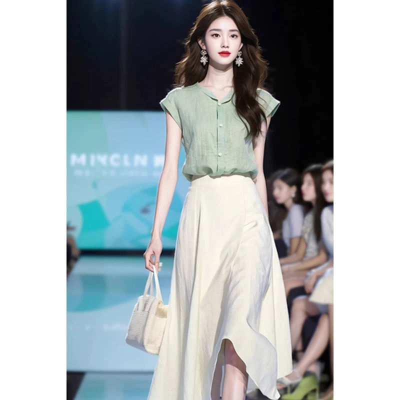 冷淡风高级感气质小香风职业盐系轻熟绿色洋气半身裙两件套装女夏