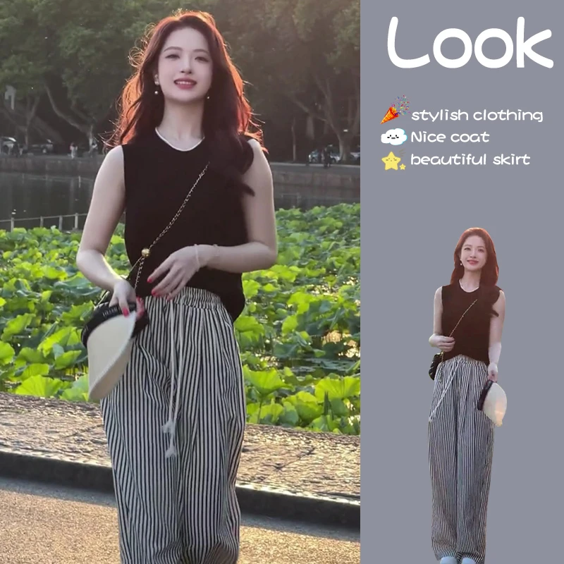 夏季时尚百搭显瘦上衣条纹阔腿裤女高腰垂感直筒休闲长裤两件套女