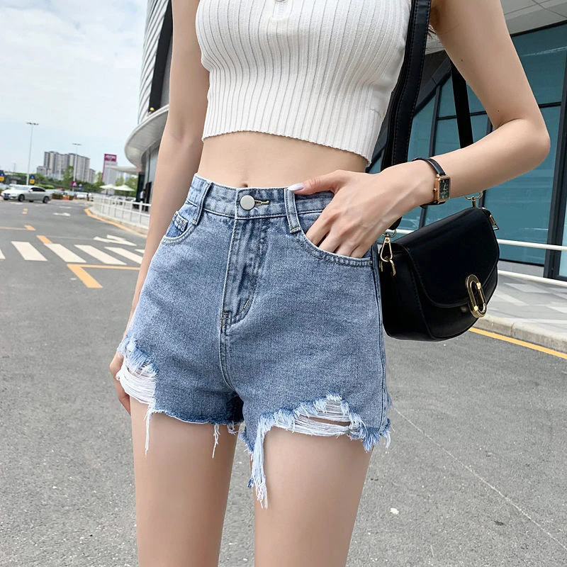 宽松显瘦牛仔短裤女夏季2025新款女装高腰修身韩版破洞纯色热裤潮
