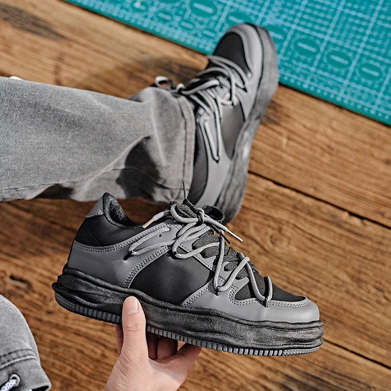 男鞋内增高7cm黑武士板鞋百搭潮鞋时尚增高休闲板鞋男士【双鞋带】