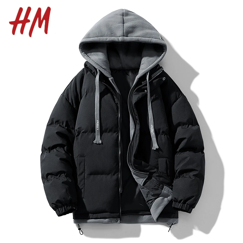 HM官方旗舰店假两件棉衣青少年外套韩版潮流加厚棉袄冬装棉服潮牌