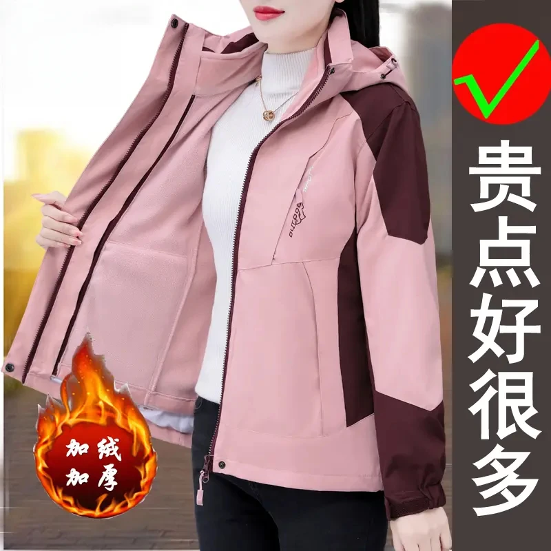 啄木鸟妈妈装上衣冲锋衣三合一女士加厚加绒连帽秋冬季外休闲外套