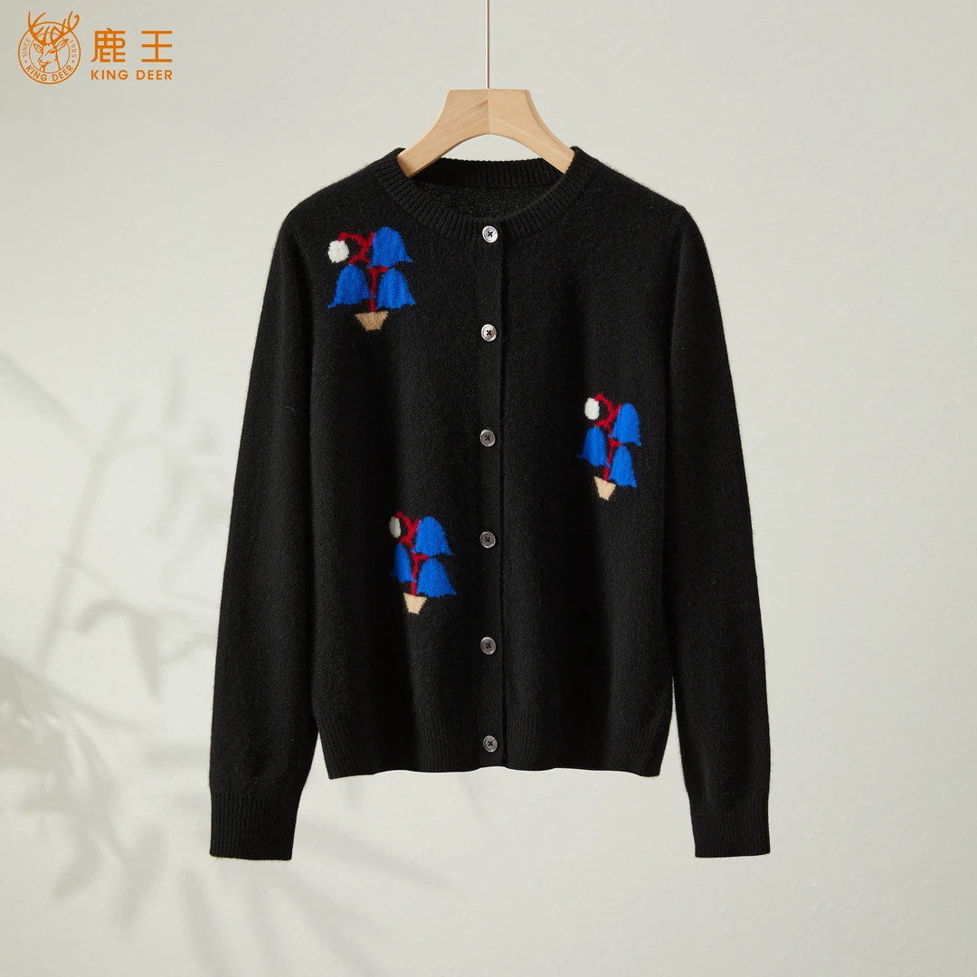 King Deer/鹿王25冬季百搭时尚休闲宽松圆领开衫羊绒衫L804281