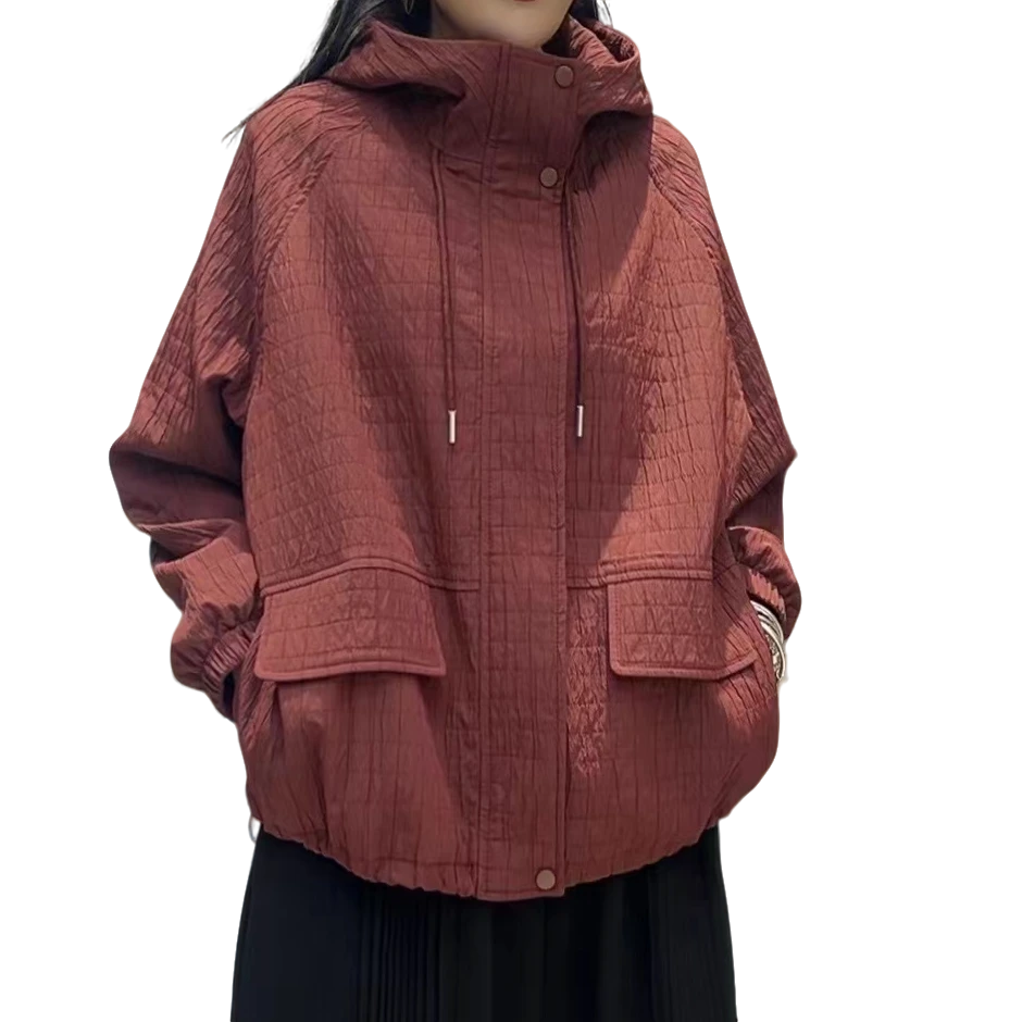 秋冬加棉气质新款密实褶皱黑色短外套连帽落肩宽松拉链显瘦夹克女