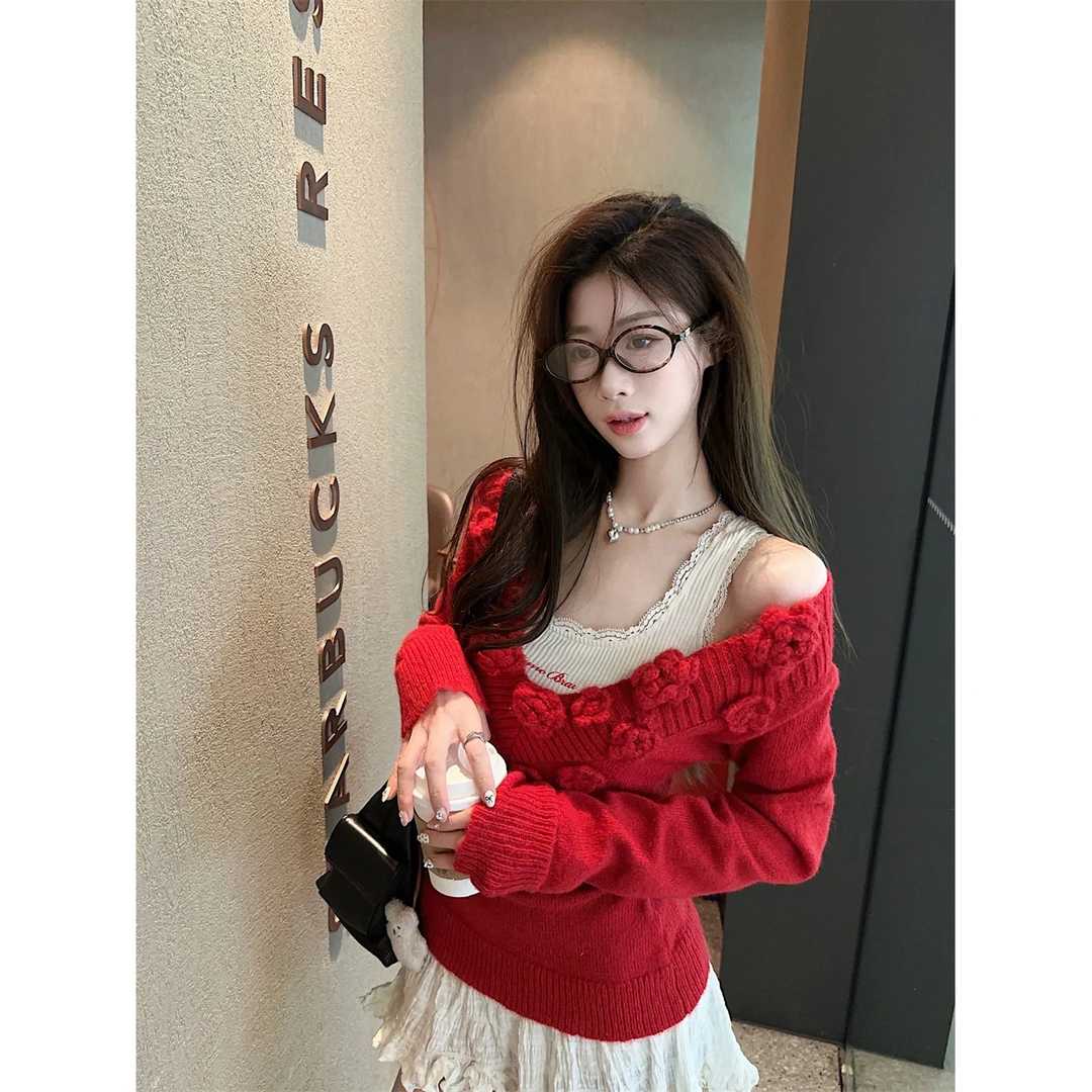 捡漏设计感v领玫瑰花朵打底毛衣女秋冬收腰显瘦针织衫上衣潮