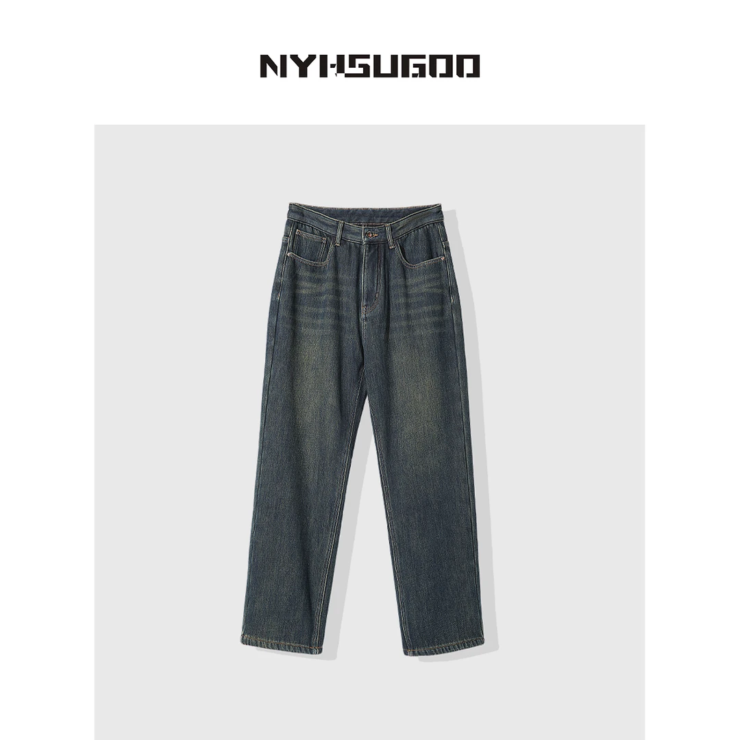 南乙2917冬季男加绒加厚水洗做旧直筒牛仔裤棉质美式复古百搭长裤