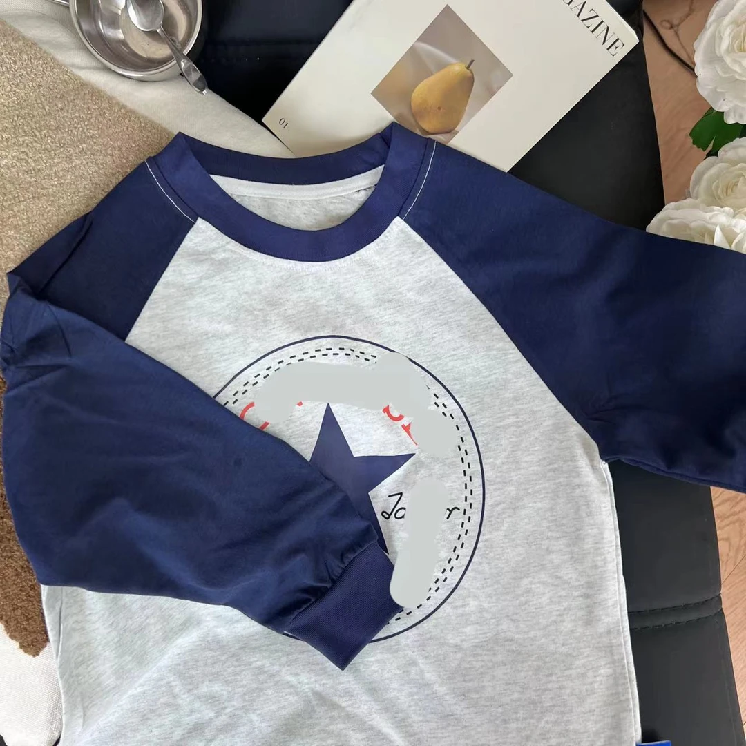 【花灰拼藏青D39】打底衫秋款长袖韩版童装上衣11D39