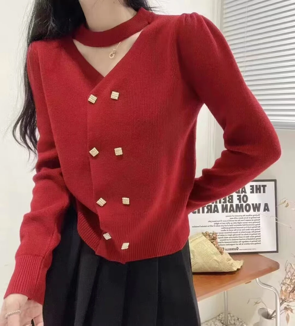 纯色宽松显瘦百搭红色秋冬毛衣上衣韩系挂脖式设计感针织衫网红