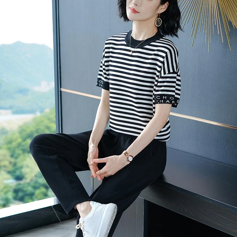 宽松休闲运动套装女春夏新款冰丝针织衫运动服时尚洋气减龄两件套