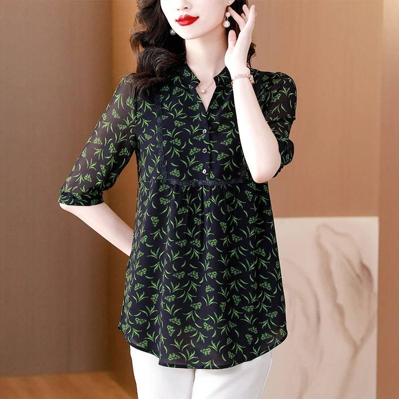 小立领五分袖印花雪纺衫2024夏季新款套头时尚大码宽松气质上衣