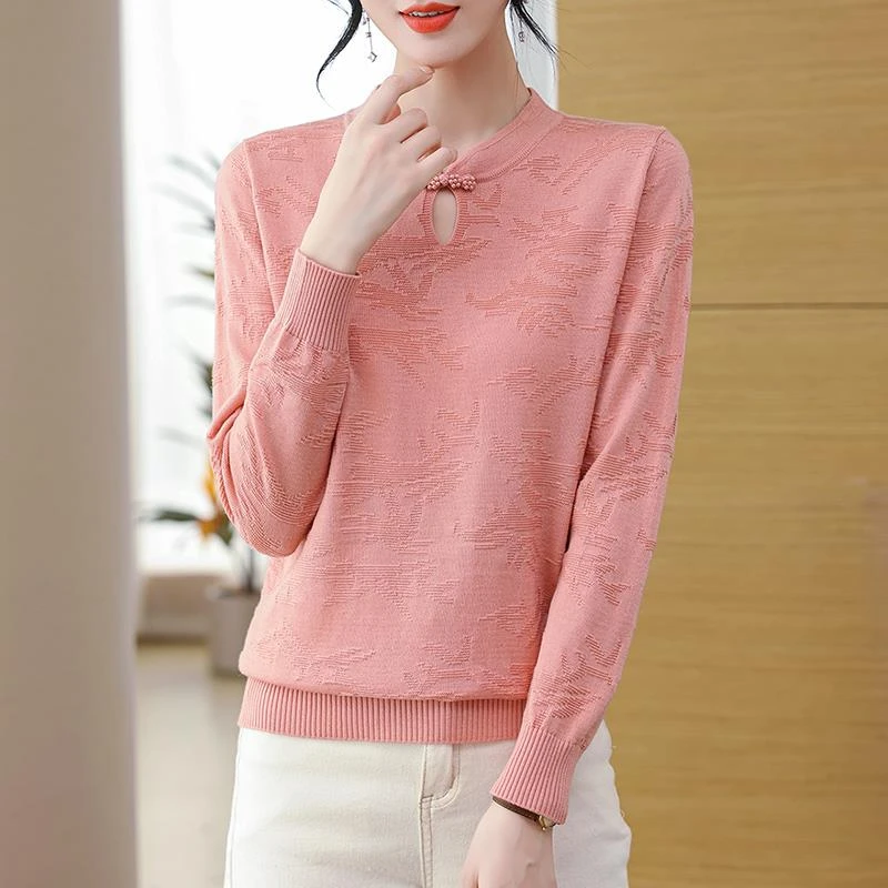 国风长袖恤女2024秋季新款复古提花针织衫内搭打底衫新中式上衣