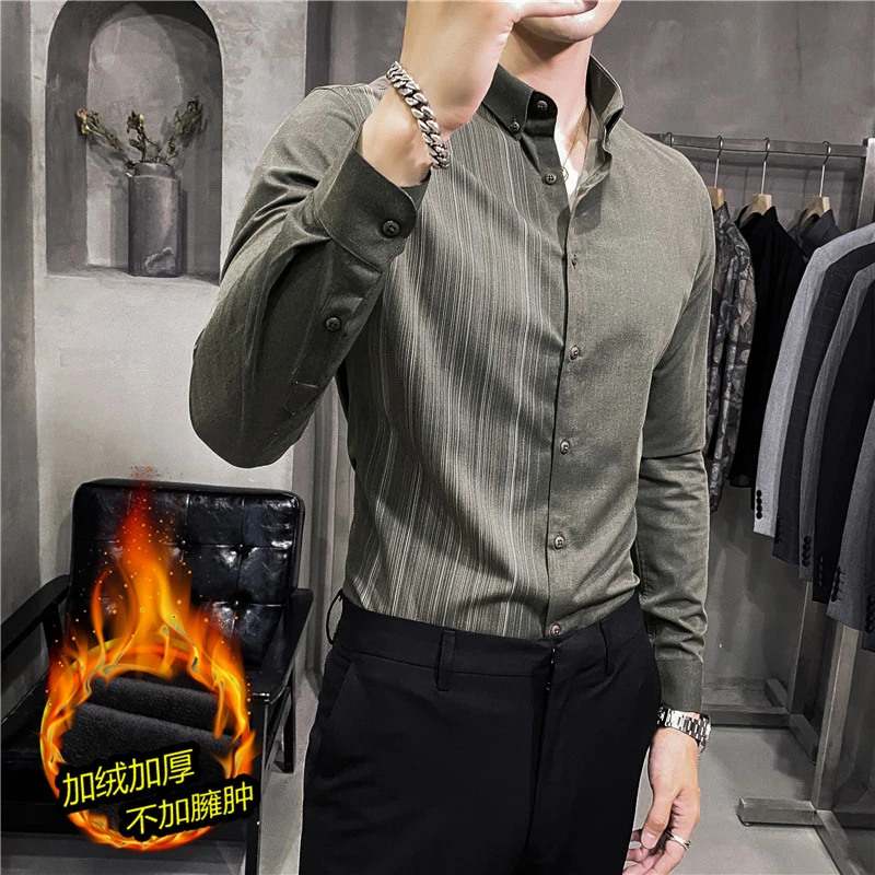 冬季加厚加绒时尚半边条纹印花长袖衬衫男士修身衬衣英伦雅痞男装