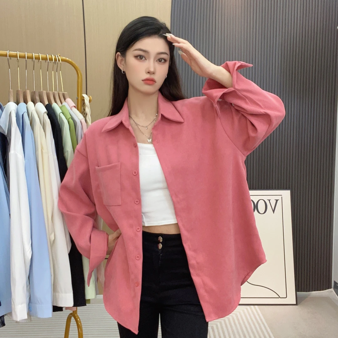 衬衫外套女春装翻领春秋宽松休闲长袖打底衬衣设计感韩版春季纯色