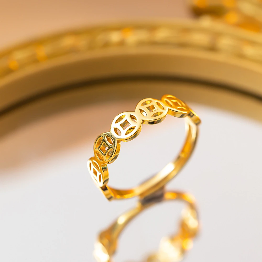 钛钢戒指 复古铜钱戒指镀18k金色时尚指环简约可调节百搭潮尾戒