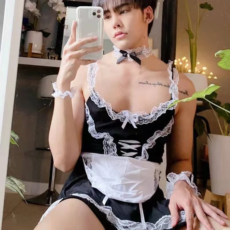 【奈美】大码青年男生cos角色扮演伪娘男佣男仆装蕾丝吊带裙性感
