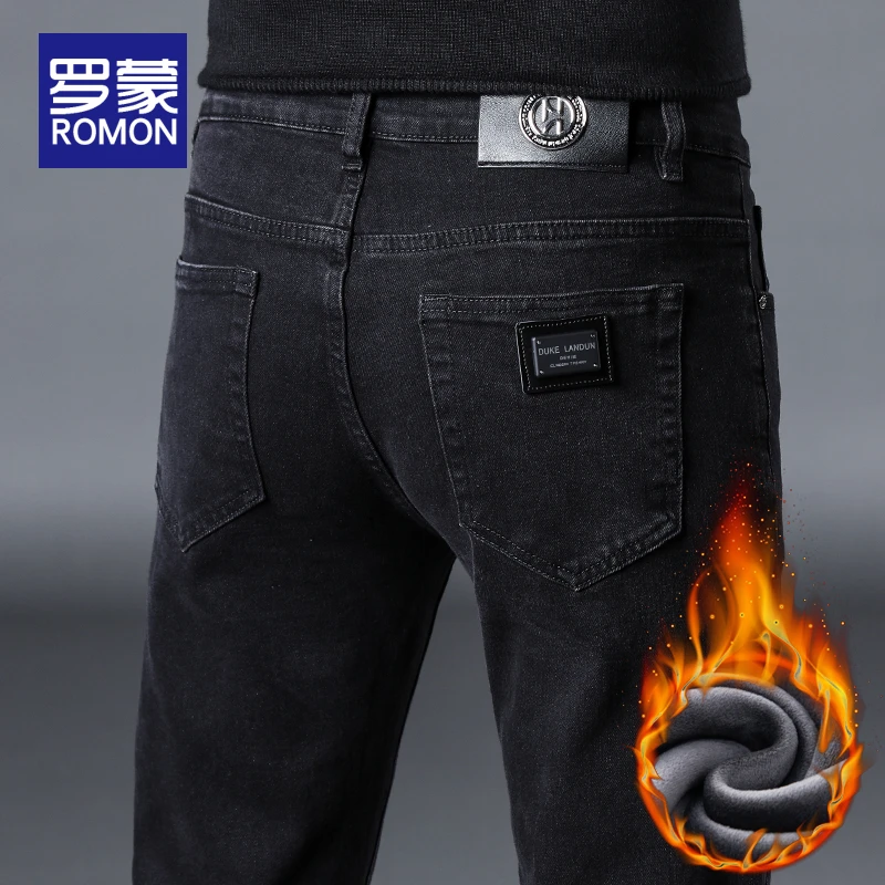 罗蒙高档牛仔裤男款爆款2025新款直筒修身男士黑色加绒加厚裤子男