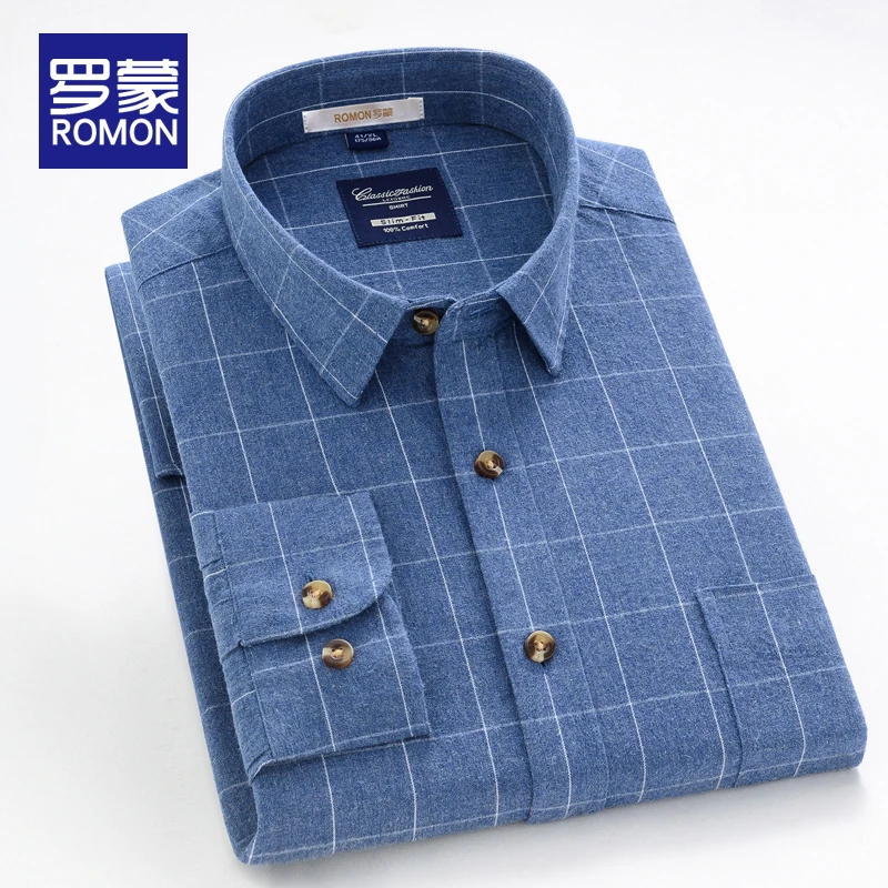罗蒙男士衬衫男款爆款2024新款春季高档纯棉格子秋冬款长袖衬衣男