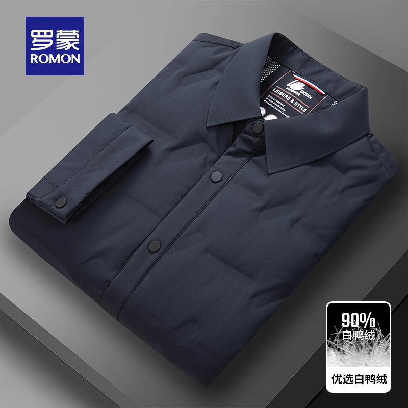 罗蒙羽绒服男士外套轻薄商务休闲衬衣简约翻领上衣保暖白鸭绒衬衫
