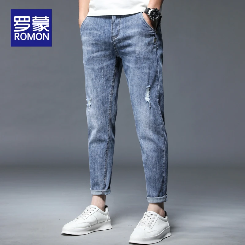 罗蒙男士夏季牛仔裤男款爆款2025新款直筒男裤高档破洞九分裤子男