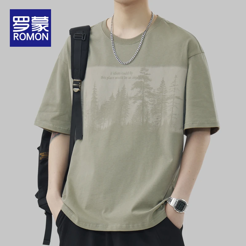 罗蒙男士纯棉t恤宽松百搭圆领印花短袖上衣夏季薄款男款2025新款