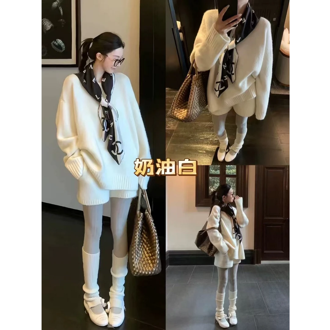 TZ29依美丁时尚韩版圆领宽松毛衣短裤套装