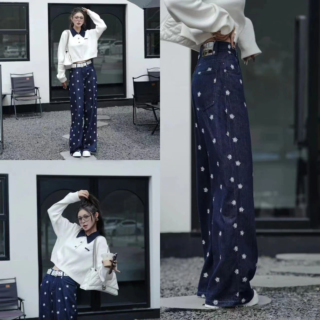 KZ18依美丁时尚刺雪花百搭腰带阔腿牛仔裤
