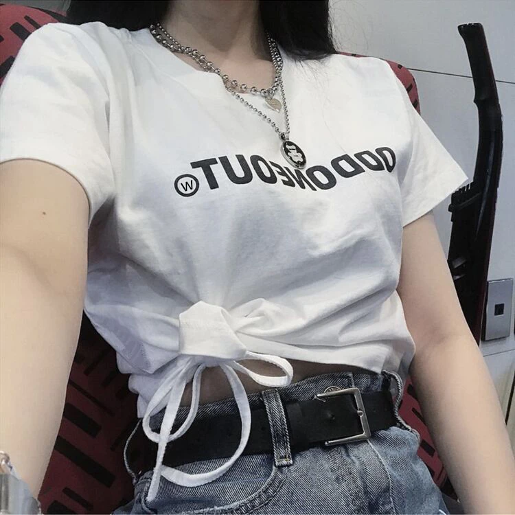 官图  6535拉架精棉  抽绳设计宽松短款T恤