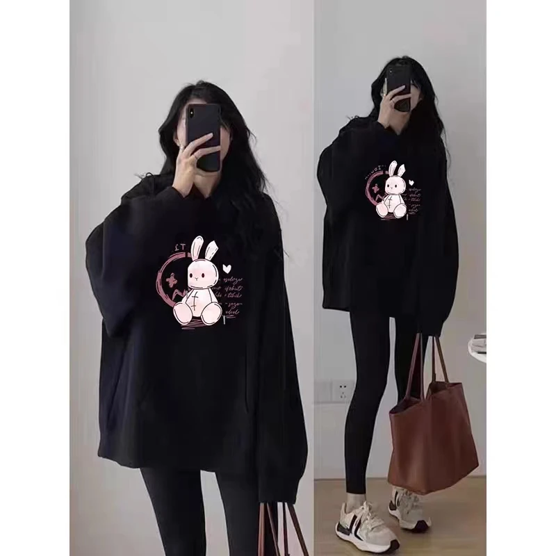 冬季鲨鱼裤搭+卫衣女2023新款加绒加厚黑色连帽减龄上衣套装