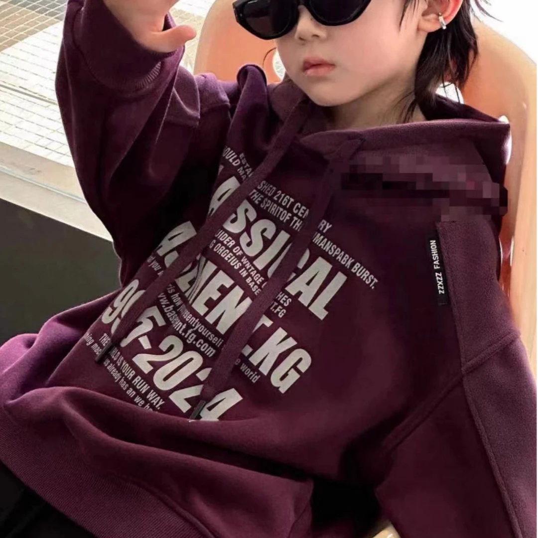 2024秋冬新款男童中大童加绒连帽时尚洋气百搭宽松ins韩版卫衣