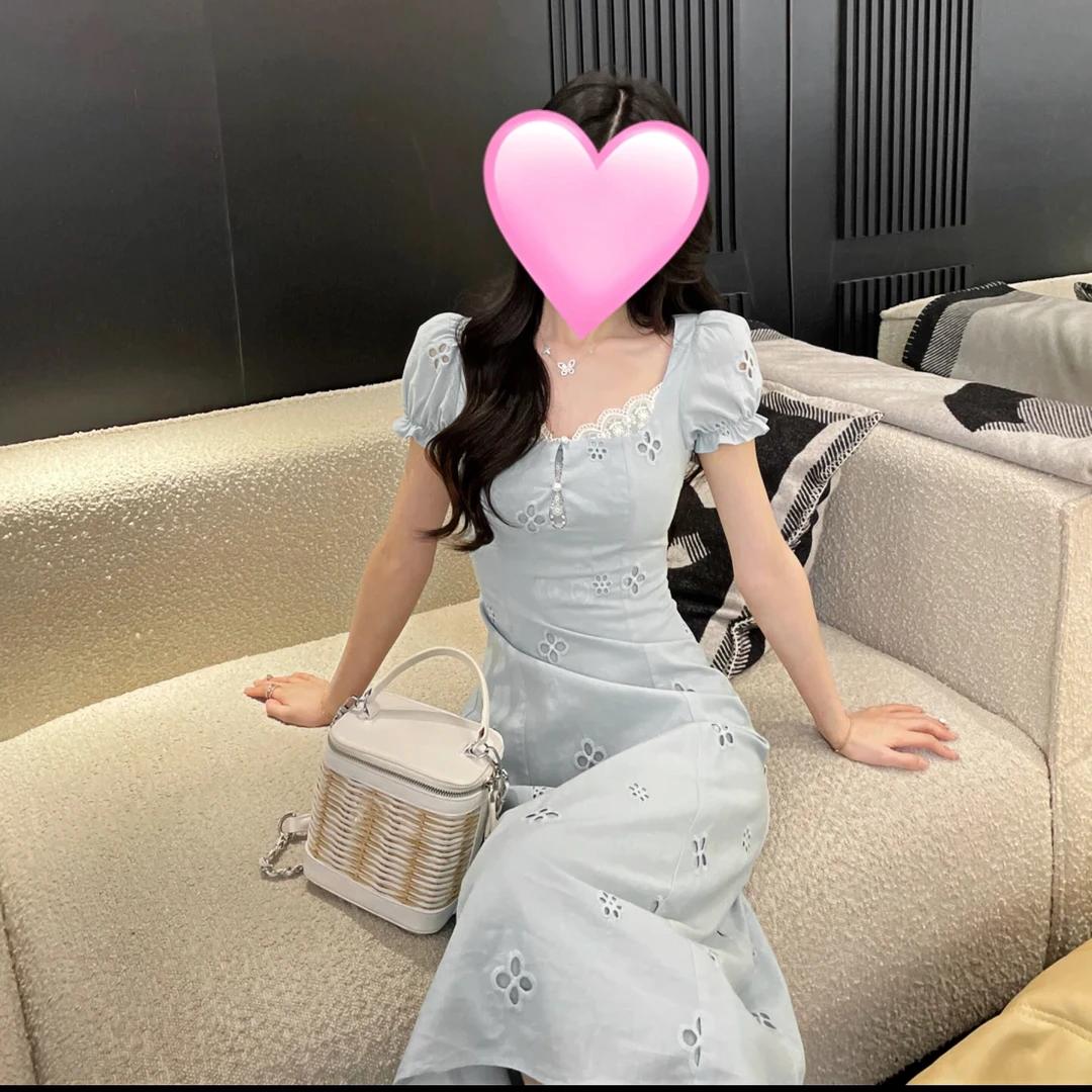 法式复古泡泡袖收腰修身开叉连衣裙女小众夏季新款方领时尚连衣裙