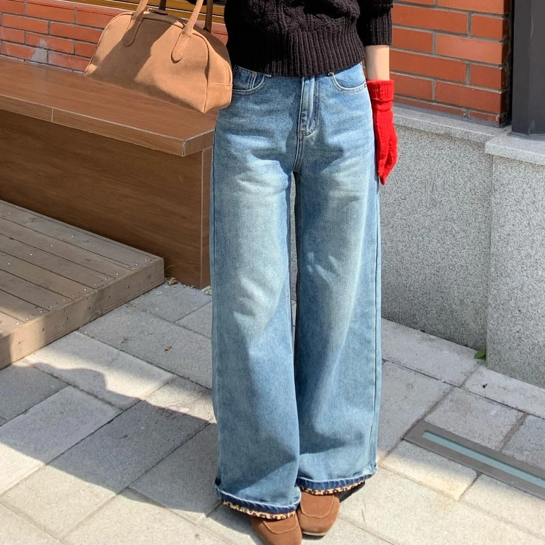 【花花】豹纹边~直腿牛仔裤复古豹纹阔腿直筒高腰牛仔裤（含腰带）