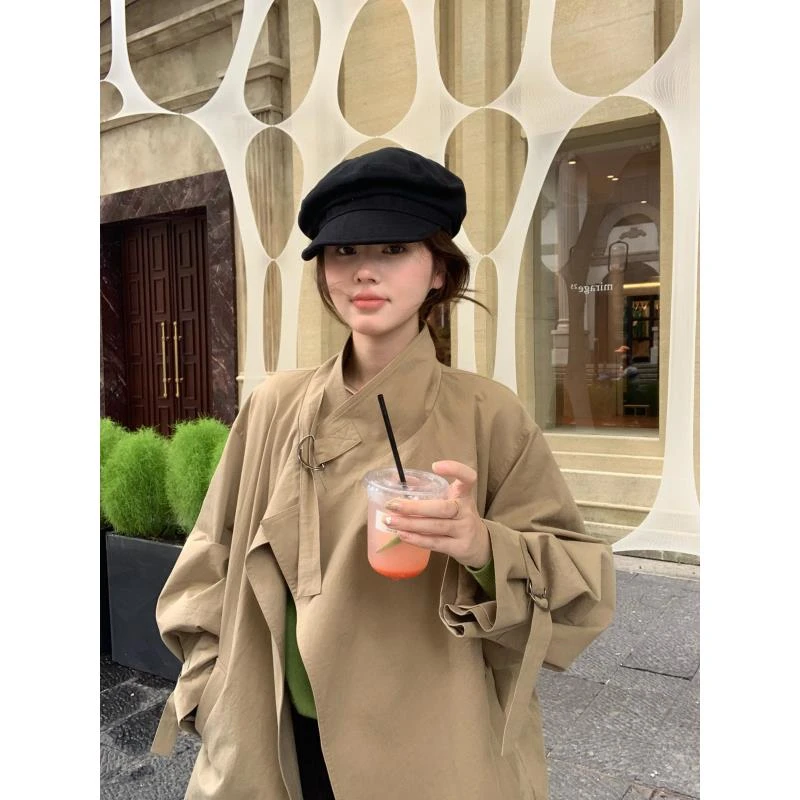 【花花】洛杉矶~韩版设计感中长款立领斜门襟D字扣气质风衣外套