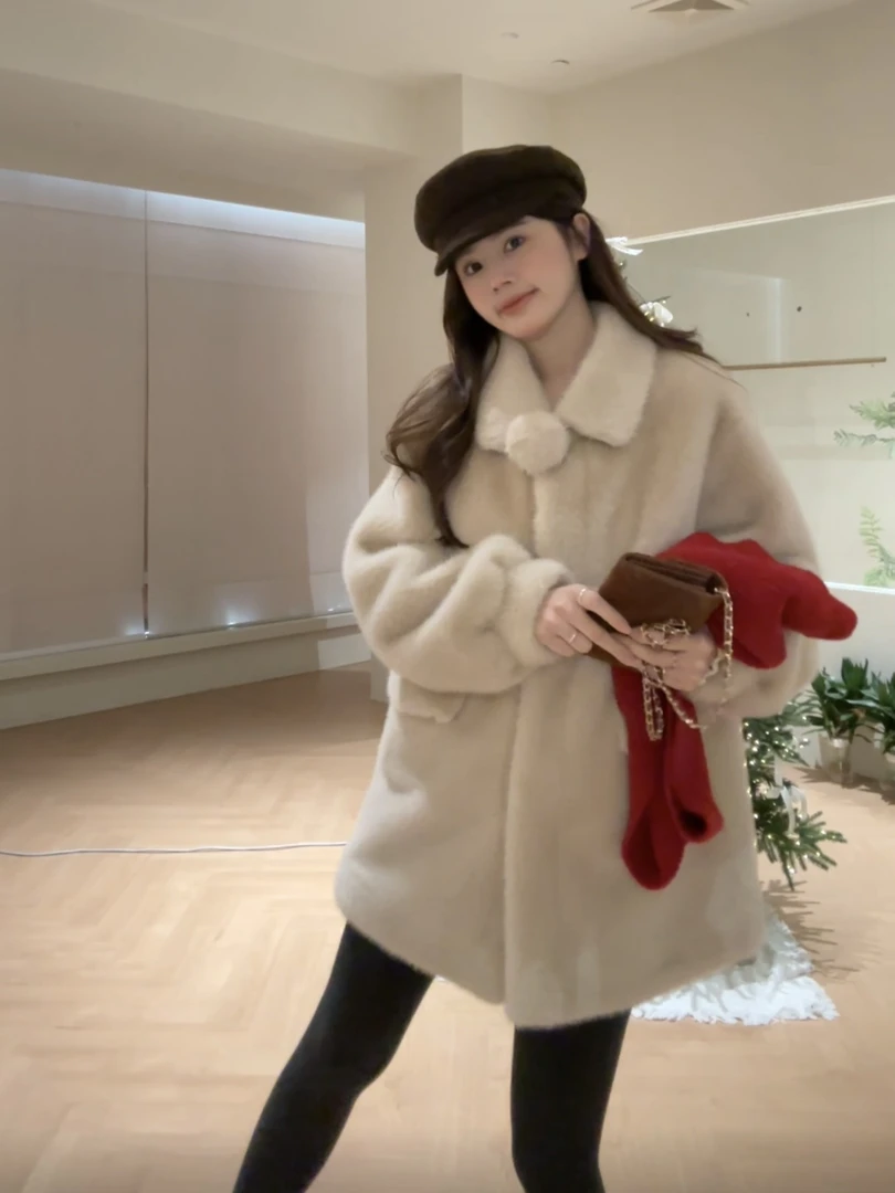 【花花】中古小雪球~温暖感翻领雪球仿貂绒环保毛毛外套