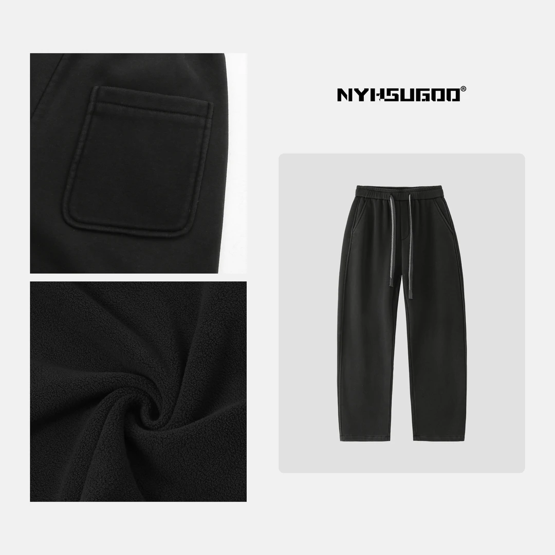 NYHSUGOO/南乙N3256冬季美式抽绳卫裤男士加绒加厚微弯刀长裤