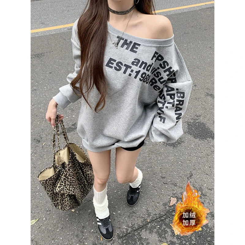 秋冬美式辣妹字母斜肩加绒加厚长袖卫衣2025新款印花中长款宽松女