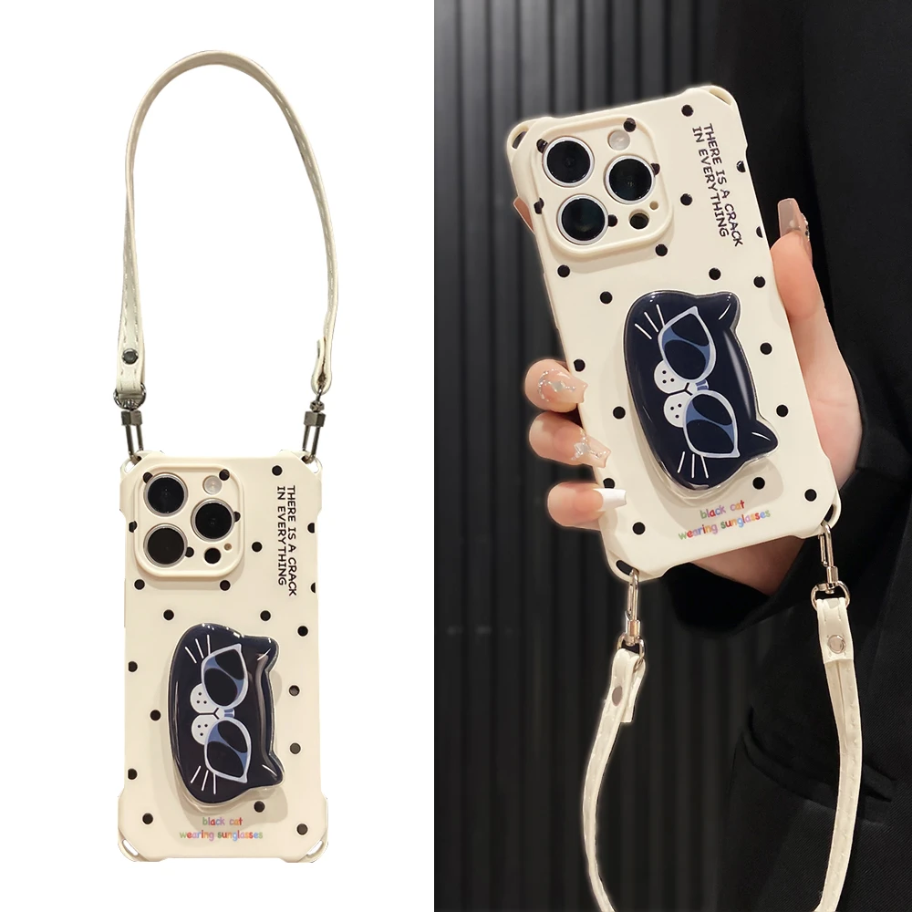 舜翔波点墨镜黑猫支架适用苹果15promax手机壳四角挂绳iPhone13
