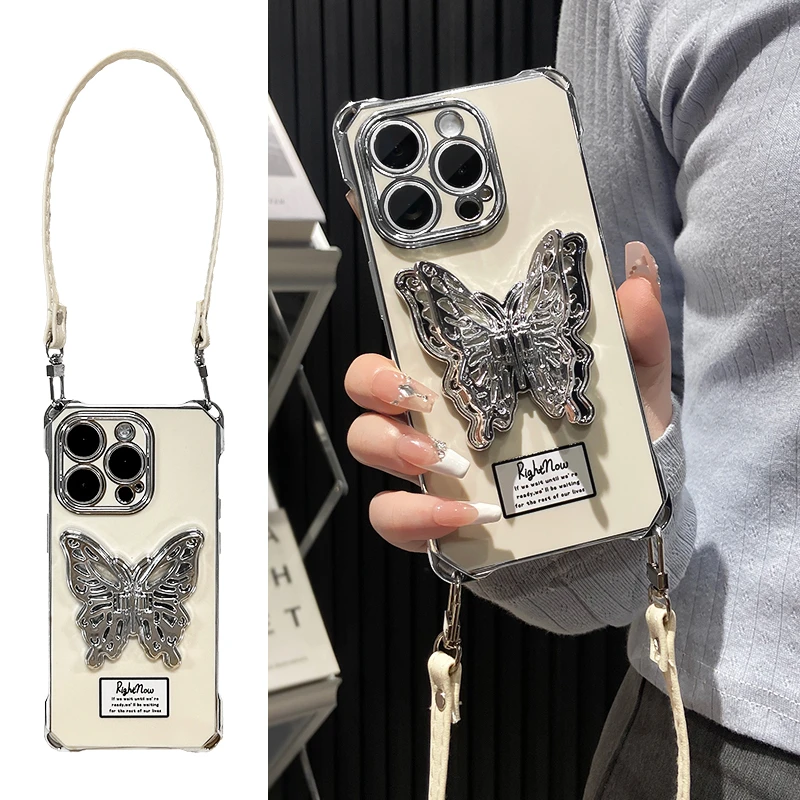舜翔ins电镀蝴蝶支架适用苹果15promax手机壳电镀挂绳iPhone13/14