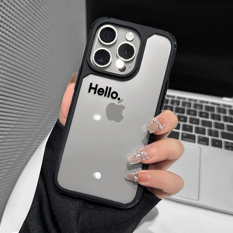 英文hello适用苹果15promax/13手机壳四角美纹壳iPhone14透亮
