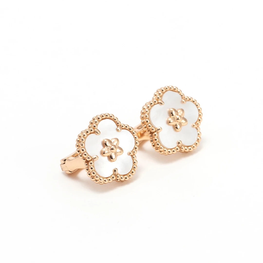 合金耳饰 【linlin专属】梅花耳拍中古镶嵌单钻镭射金色幸运草耳拍