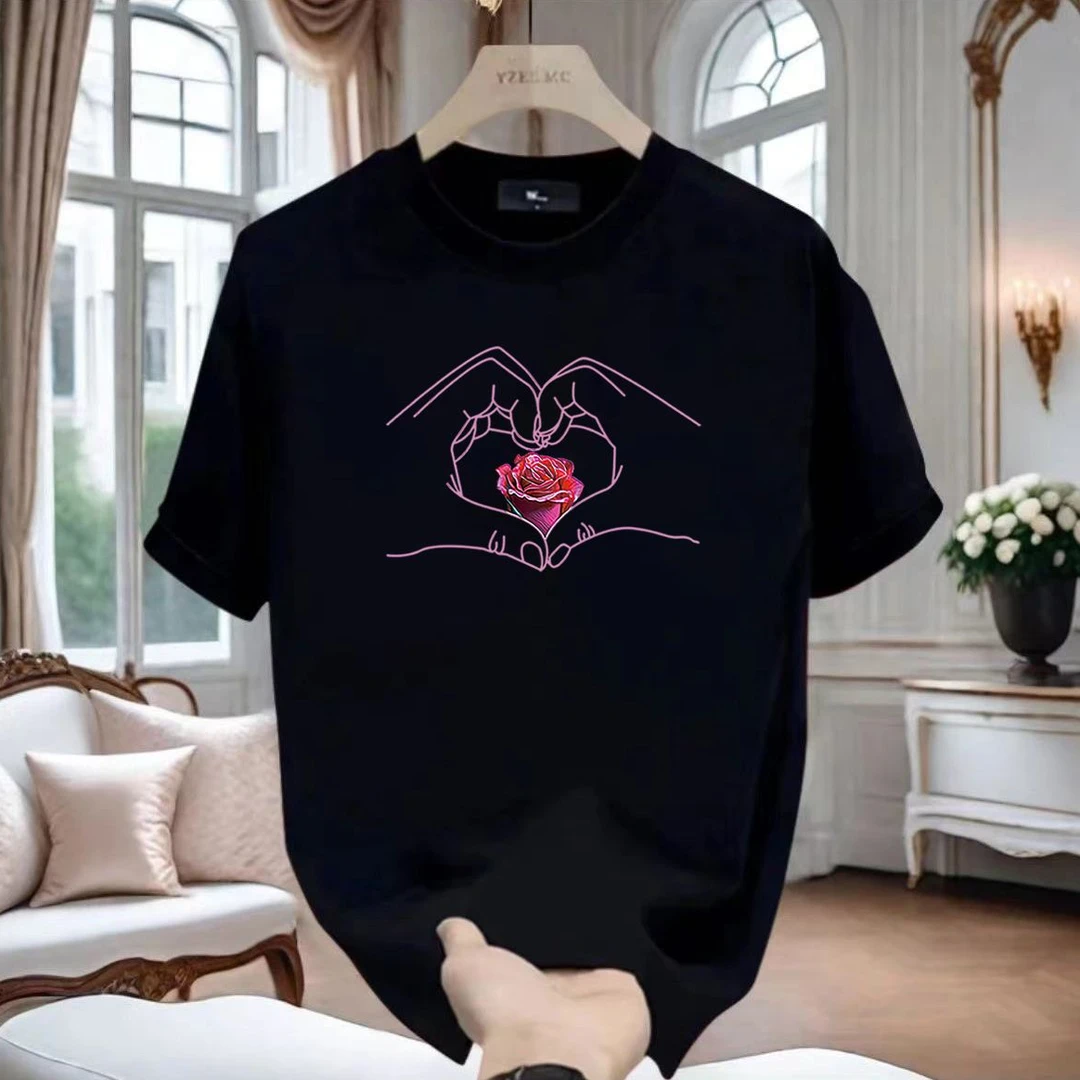 【冰感液氨棉】男士时尚休闲夏季半袖潮流爱心玫瑰情侣百搭圆领短袖