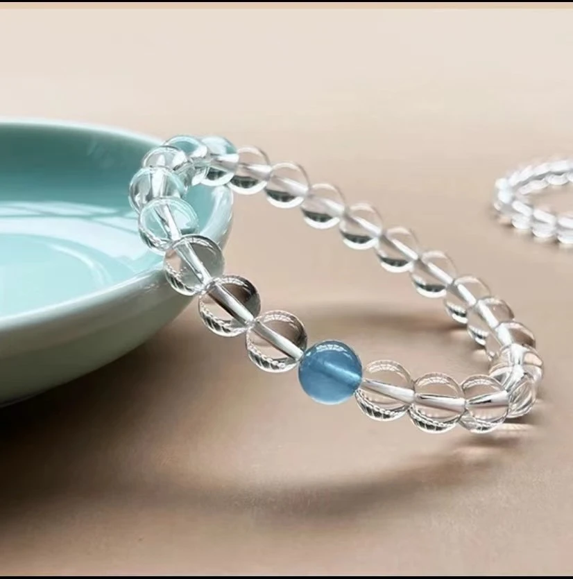 赵璐思同款6A纯净体白水晶搭配海蓝宝6mm