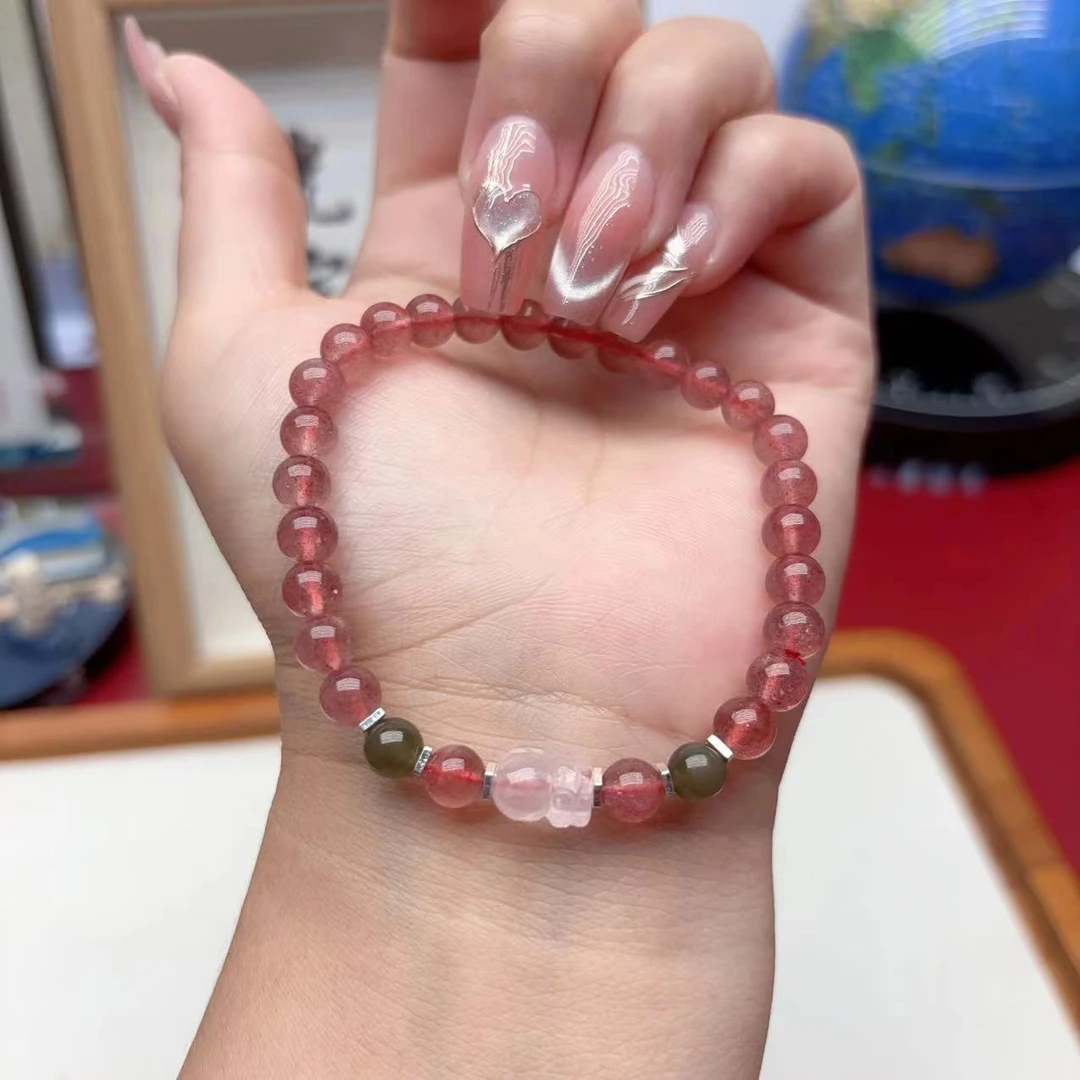 女款时尚气质百搭天然草莓晶+貔貅 原创DIY单圈手链