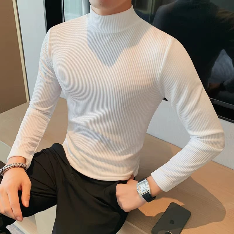 2023秋季半高领打底衫男秋冬条纹长袖纯色体恤休闲百搭针织衫男