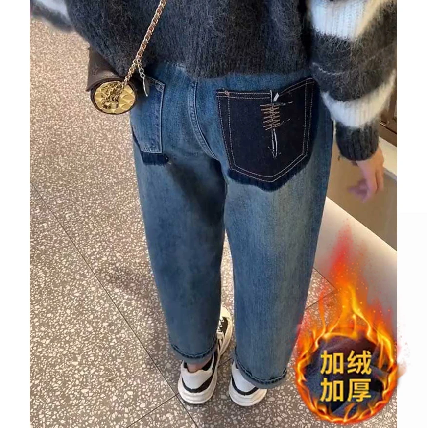 冬季新款加绒加厚高腰哈伦裤女拼接设计宽松遮胯显瘦百搭老爹裤子