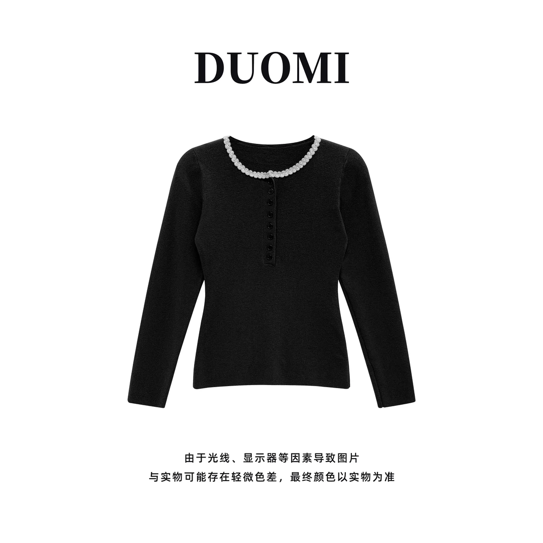 【DUOMI】秋季新款女装百搭时尚百搭小众风格领口花边设计上衣D5958