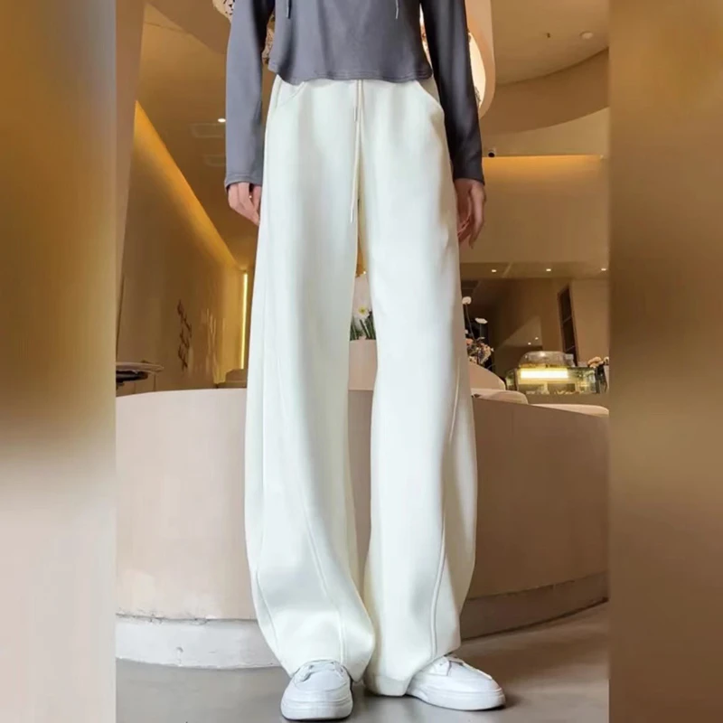 加绒加厚裤子女直筒阔腿裤秋冬新款小个子白色运动卫裤显瘦香蕉裤