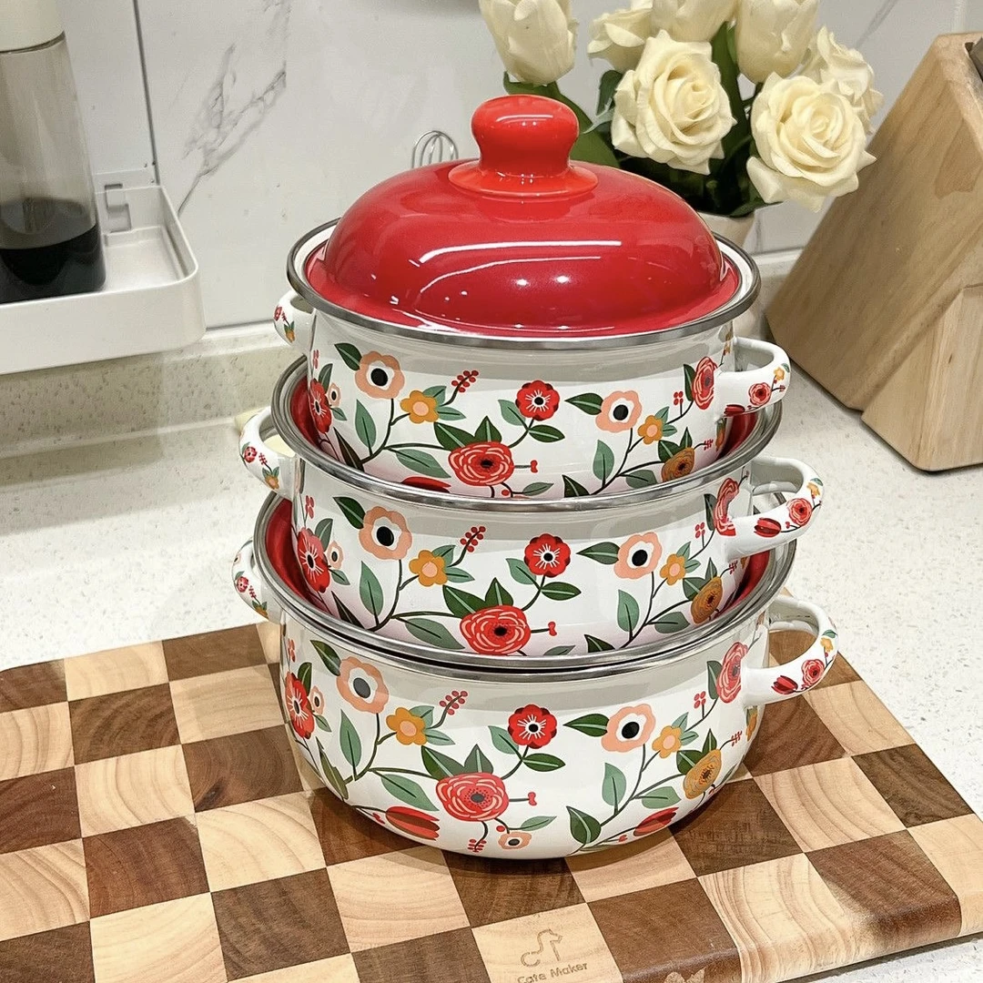 16/18/20cm田园繁花三件套搪瓷炖锅双耳宝宝辅食锅小奶锅煮面锅